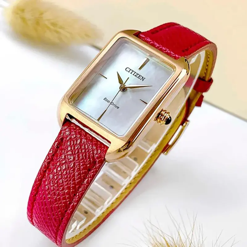 Citizen Eco-Drive Pink Leather Strap Women's Watch - Mother Of Pearl Dial | Em1193-08D 2