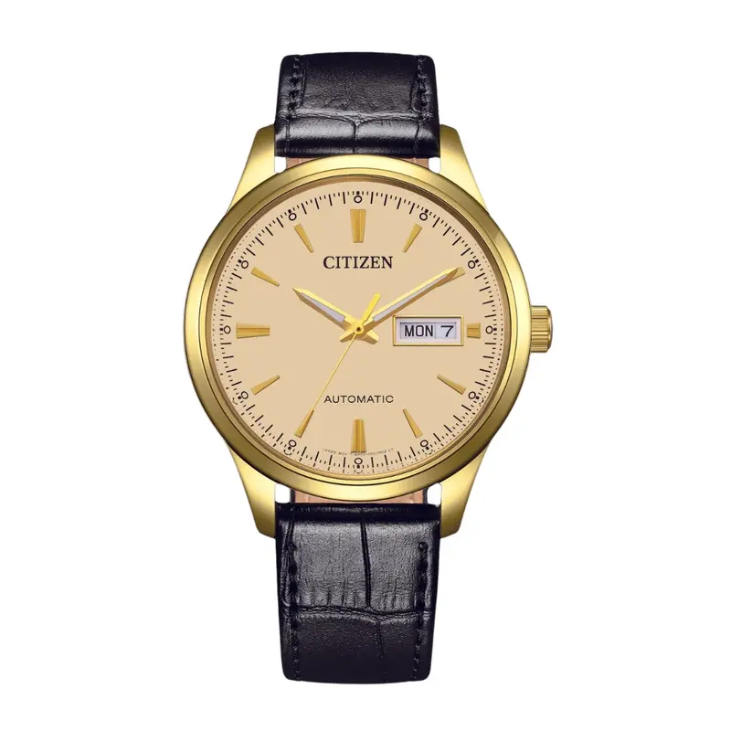 Citizen Mechanical Gold Dial Black Leather Strap Watch Ny4059-09A 1