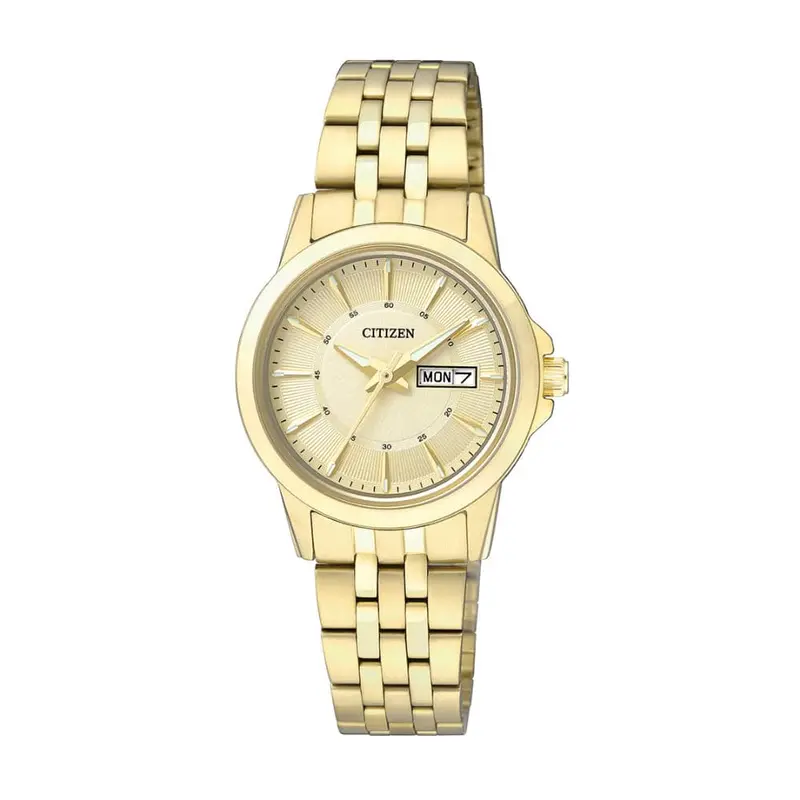Citizen Quartz Gold Dial Stainless Steel Strap Women Watch Eq0603-59P 1