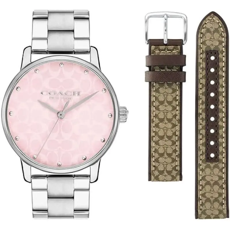 Coach New York Pink Dial Silver Stainless Steel Strap Women Watch 14000088 1