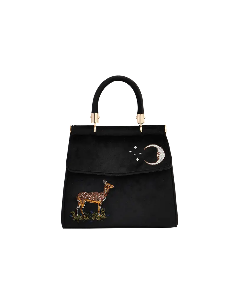 Deer & Moon Embroidered Black Velvet Tote 1