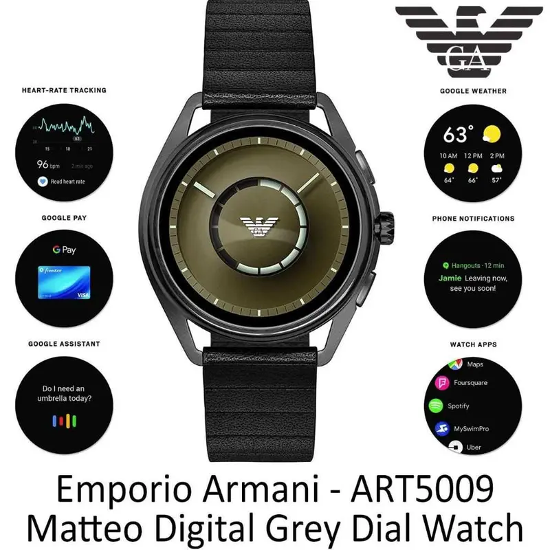Emporio Armani Analog Quartz Gunmetal Stainless Steel Art5009 Black Leather Strap Smartwatch 2