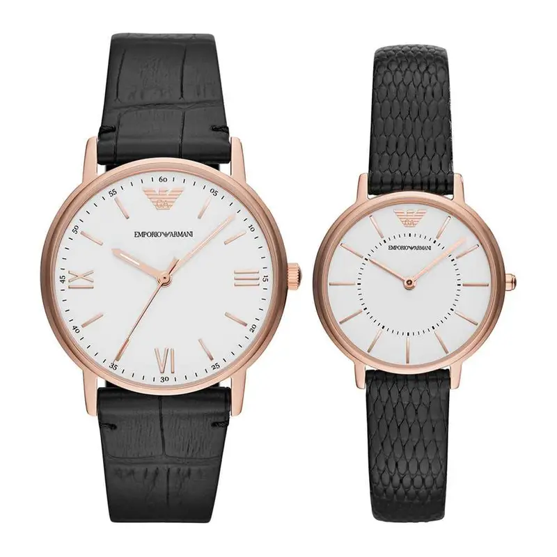 Emporio Armani Analog Quartz Rose Gold Stainless Steel Ar80015 Black Leather Strap Couple Watch Set 1