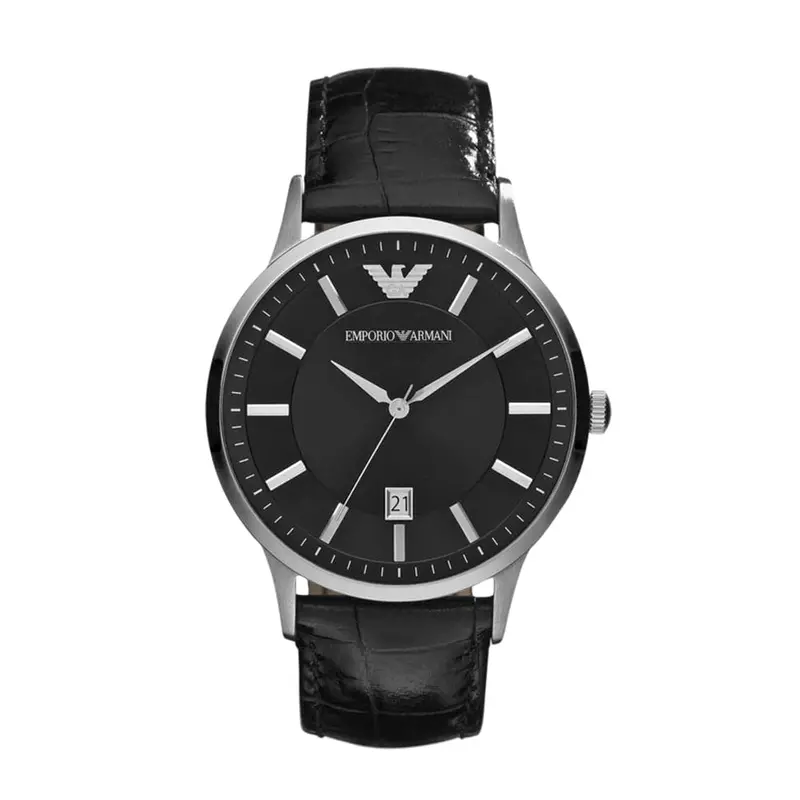 Emporio Armani Analog Quartz Silver Stainless Steel Ar2411 Black Leather Strap Men's Watch 1