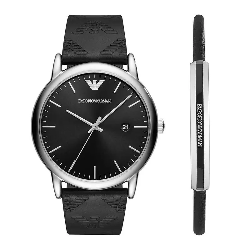 Emporio Armani Analog Quartz Silver Stainless Steel Ar80012 Black Leather Strap Gift Set Watch 1