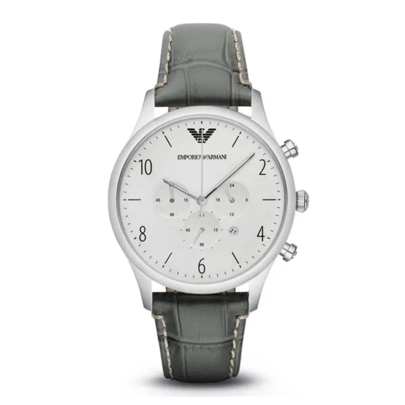 Emporio Armani Classic Chronograph Silver Stainless Steel Ar1861 Grey Leather Strap Men’S Watch 1
