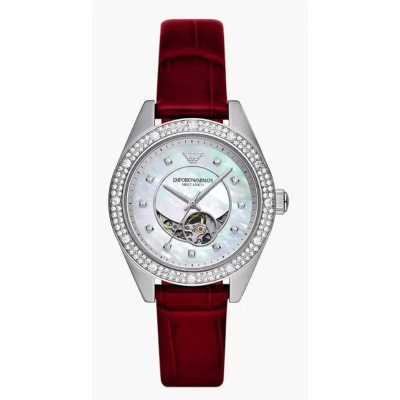 Emporio Armani Silver Dial Red Leather Strap Women Watch Ar60075 1