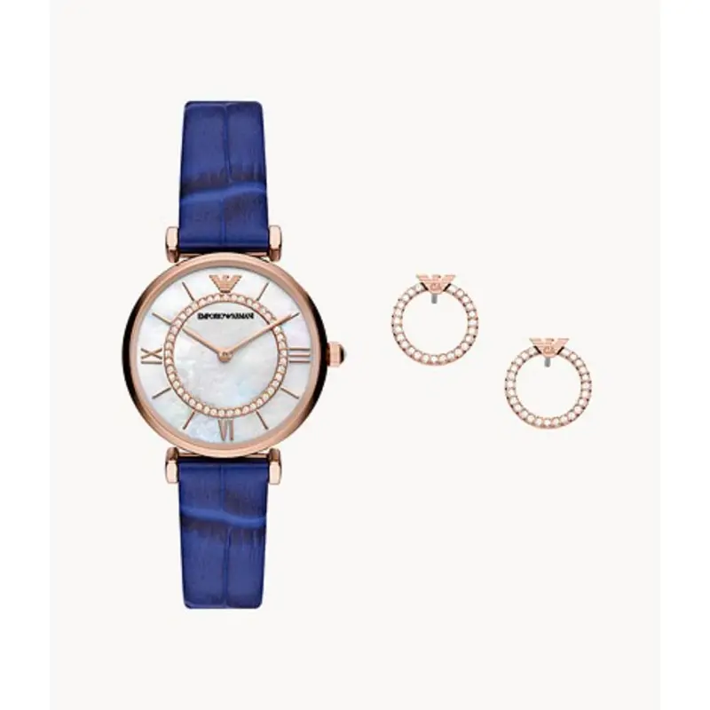 Emporio Armani Two-Hand Blue Leather Watch And Earring Gift Set Women's Watch Ar80053 1