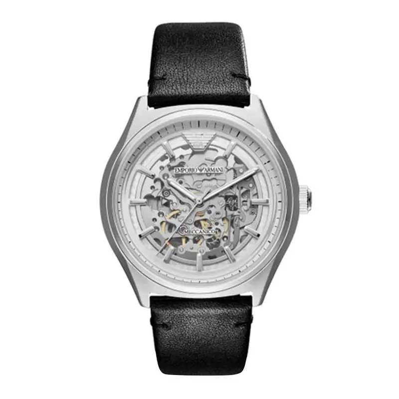 Emporio Armani Zeta Meccanico Silver Stainless Steel Ar60003 Black Leather Men's Watch 1