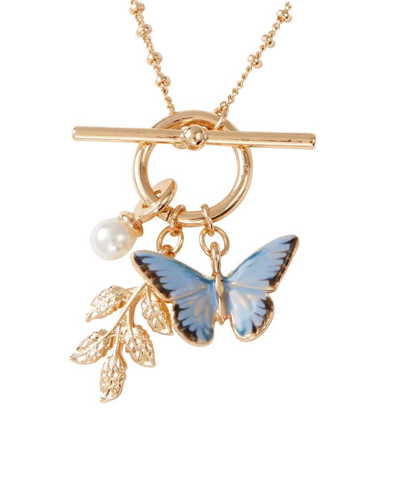 Enamel Blue Butterfly & Leaf Charm Necklace 1