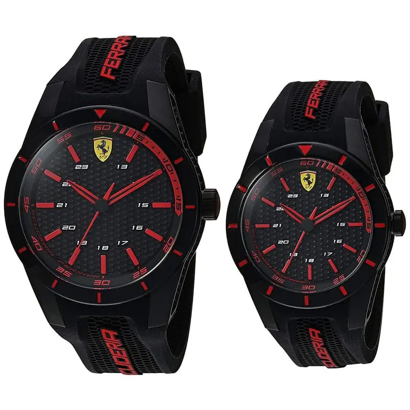 Ferrari Red Rev Analog Quartz Black Stainless Steel 0870017 Red Silicone Strap Gift Set 1