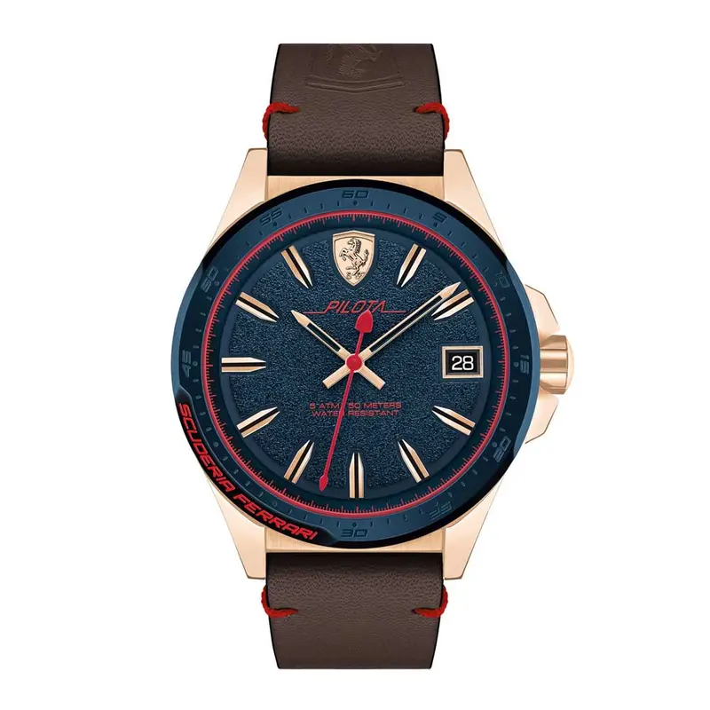 Ferrari Scuderia Pilota Analog Quartz Rose Gold Stainless Steel 0830461 Brown Leather Strap Men's Watch 1