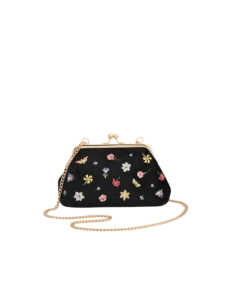 Floral Ditsy Embroidered Black Velvet Clutch Bag 1