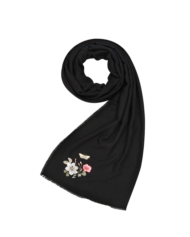 Floral Embroidered Black Pashmina Scarf 1