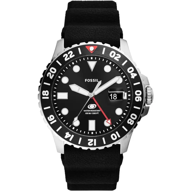 Fossil Blue Gmt Black Dial & Black Silicone Strap Men's Watch Fs6036p 1