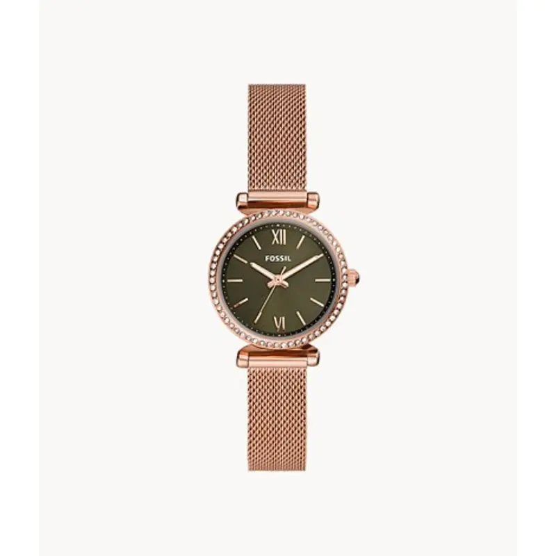 Fossil Carlie Mini-Three Hand Rose Gold Stainless Steel Mesh Women's Watch Es4957 1