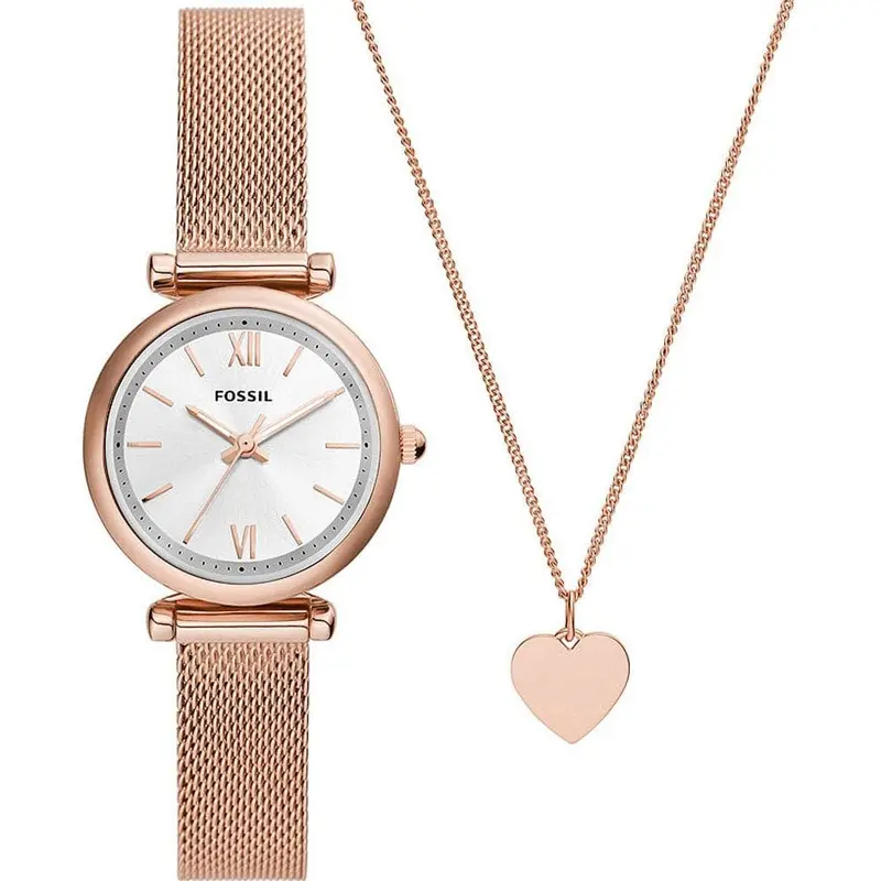 Fossil Carlie Silver Dial Rose Gold Milanese Strap Women Watch Es5314set 1
