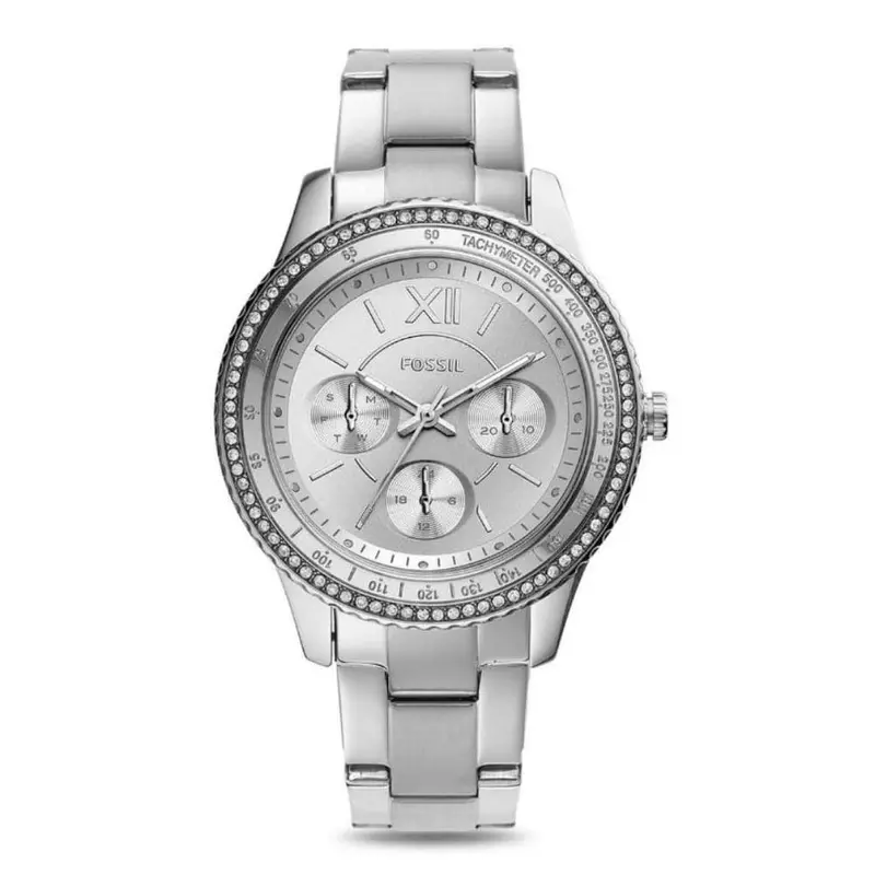 Fossil Chronograph Silver Dial Stainless Steel Strap Women Watch Es5108p 1