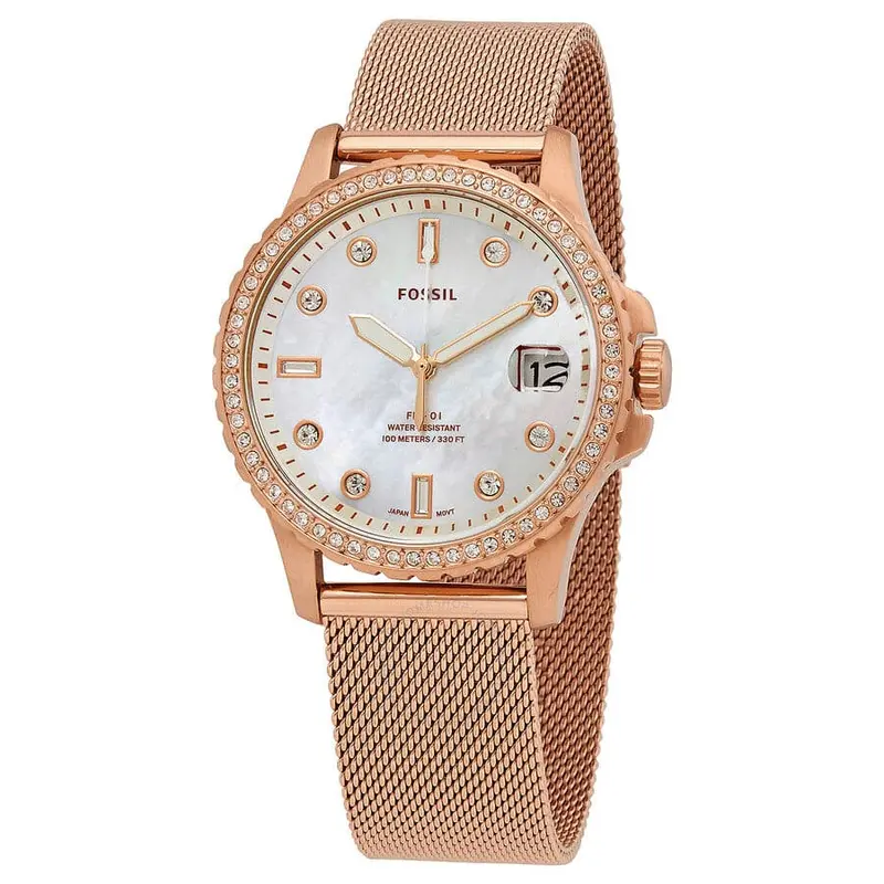 Fossil Es4999 Crystal White Dial Rose Gold Stainless Steel Mesh Band Women's Watch 1