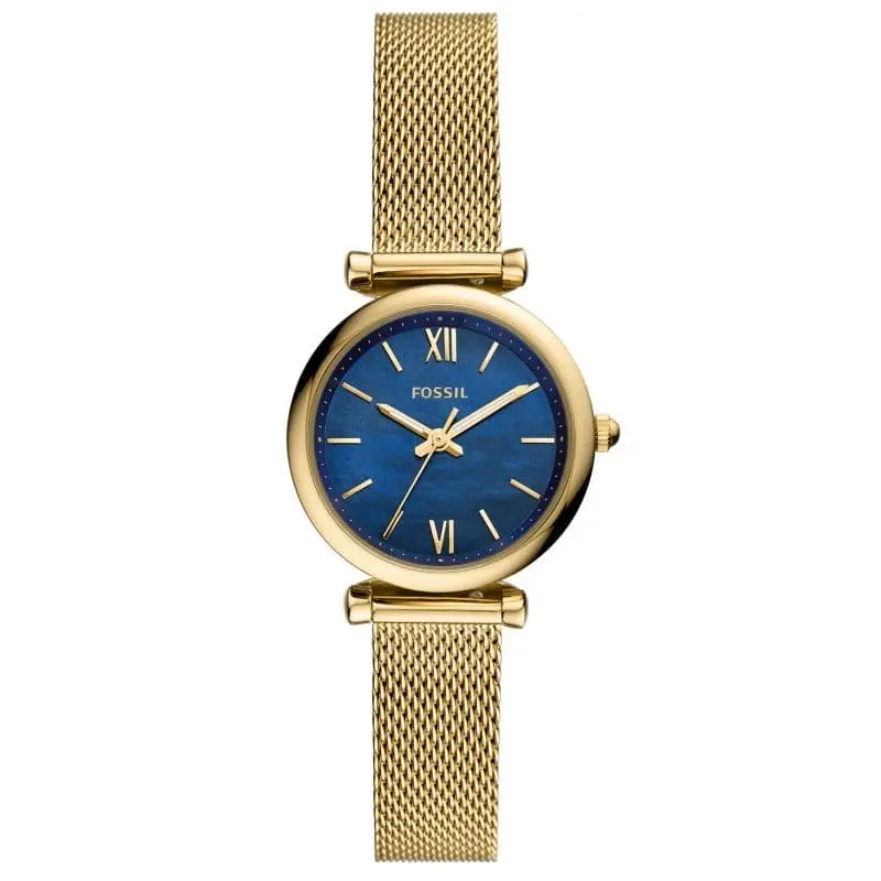 Fossil Es5020 Carlie Mini Gold Blue Dial Stainless Steel Mesh Band Women's Watch 1