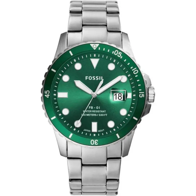 Fossil Fs5670 Three Hand Date Rotating Green Bezel Silver Stainless Steel Men's Watch 1