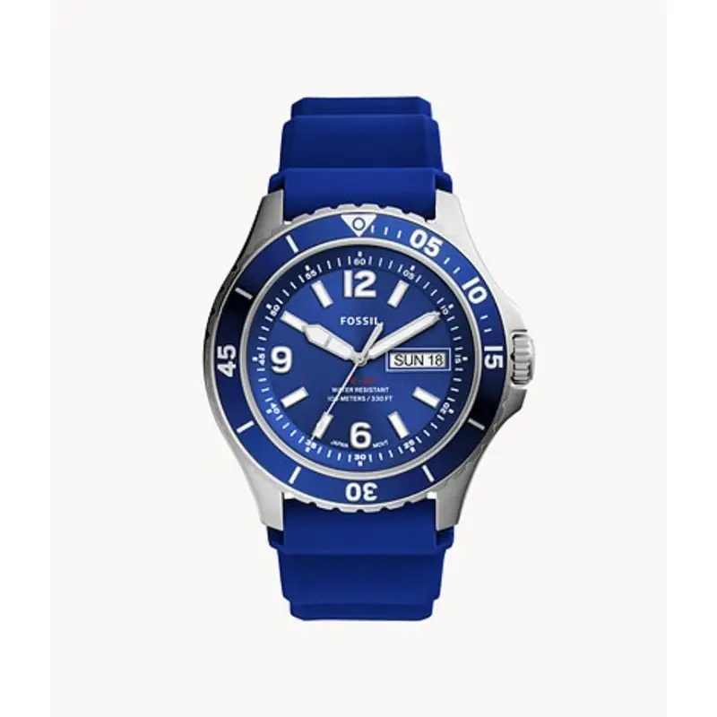 Fossil Fs5700 Blue Three Hand Date Silver Round Silicone Strap Men's Watch 1