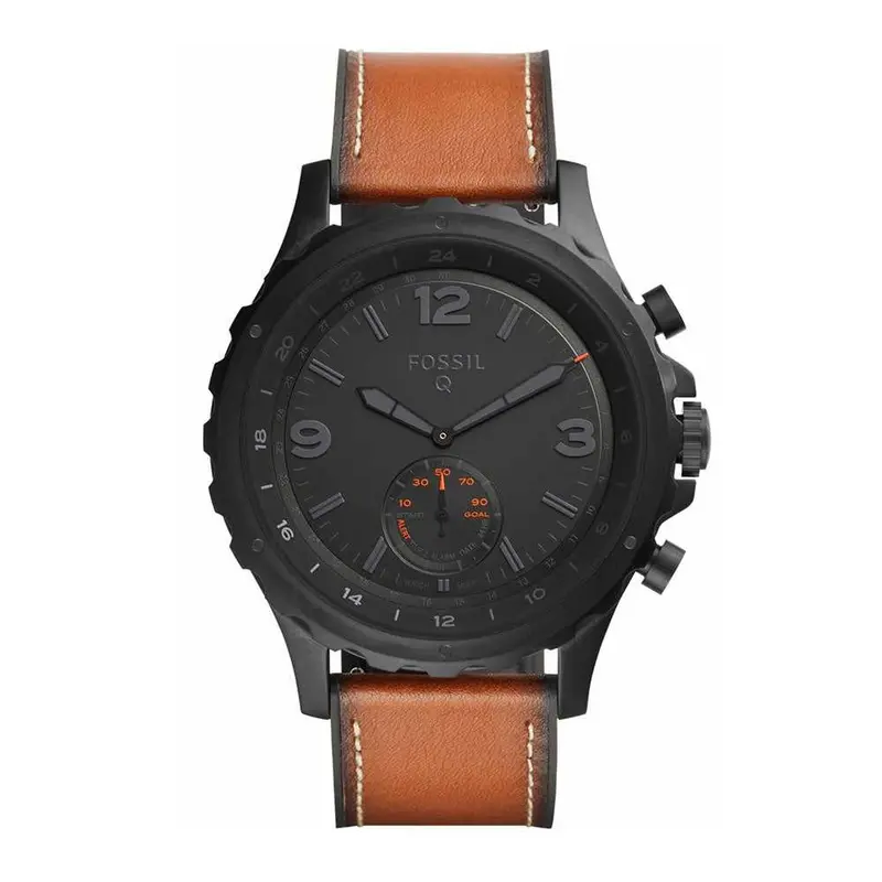Fossil Hybrid Smartwatch Q Nate Digital Black Stainless Steel Ftw1114 Brown Leather Strap Men's Watch 1