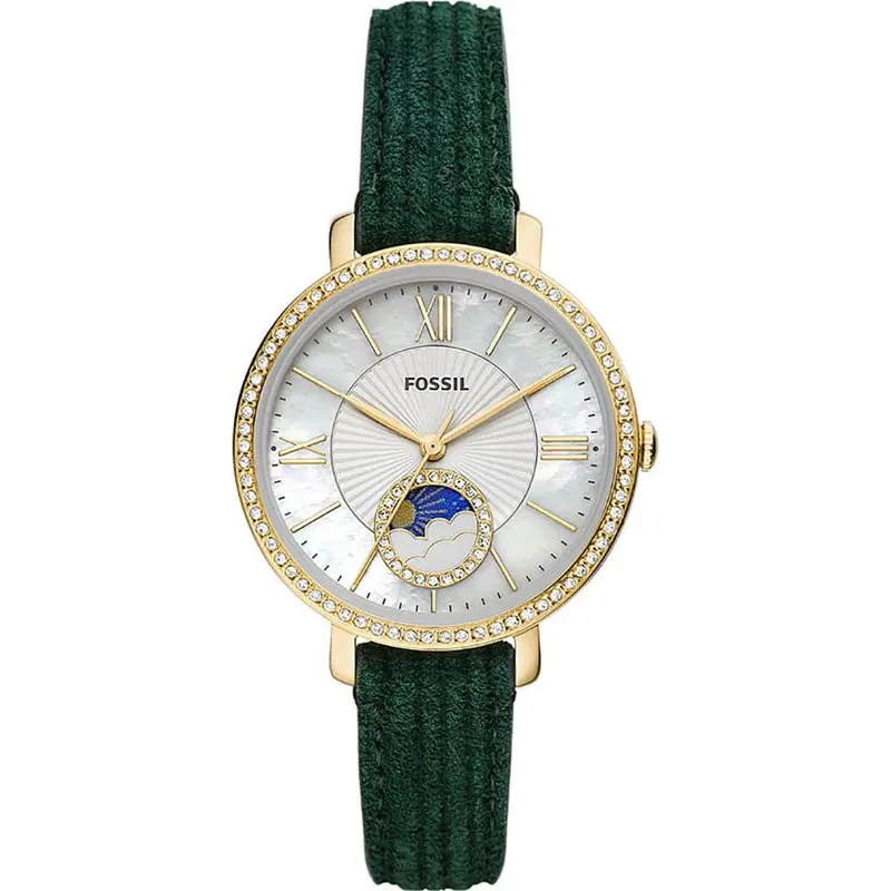 Fossil Jaqueline Silver Dial And Green Leather Strap Women Watch Es5244 1