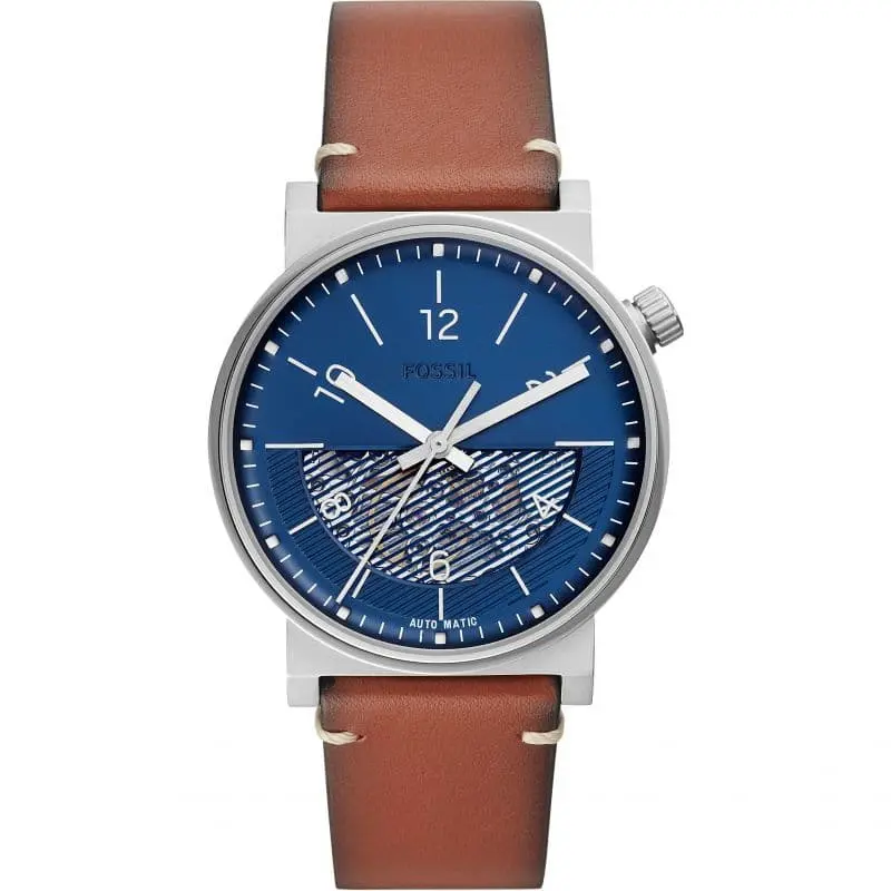 Fossil Me3168p Barstow Auto Silver Round Skeleton Blue Dial Brown Leather Men's Watch 1