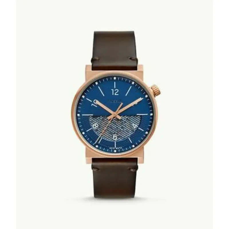 Fossil Me3169p Barstow Auto Rise Gold Round Skeleton Blue Dial Brown Leather Men's Watch 1