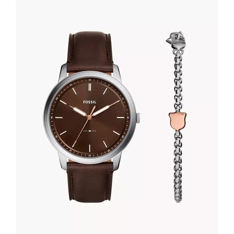Fossil Minimalist Brown Leather Men's Watch And Bracelet Box Set Fs6019setp 1