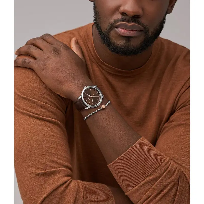 Fossil Minimalist Brown Leather Men's Watch And Bracelet Box Set Fs6019setp 2