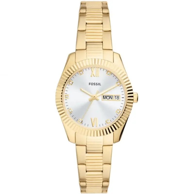 Fossil Scarlette Silver Dial Gold Stainless Steel Strap Women Watch Es5199 1