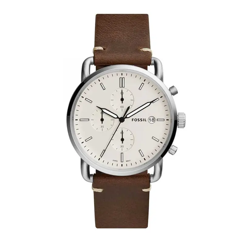 Fossil The Commuter Chronograph Silver Stainless Steel Fs5402 Brown Leather Strap Men's Watch 1