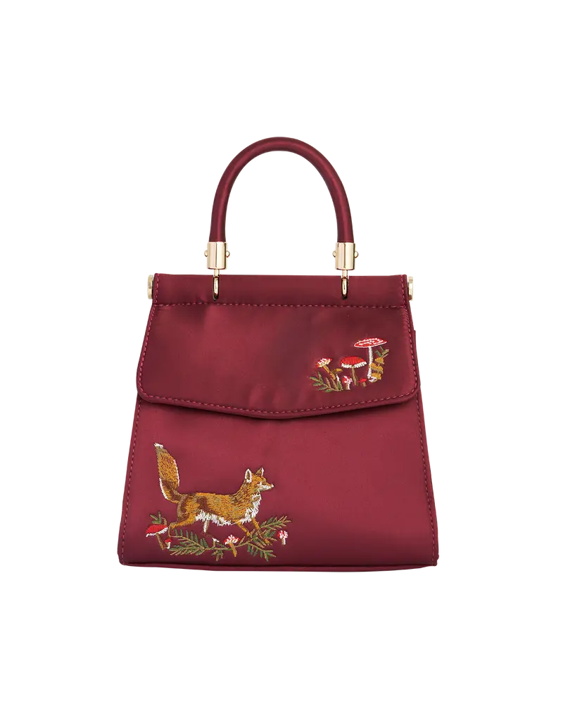Fox & Mushroom Embroidered Burgundy Satin Tote 1