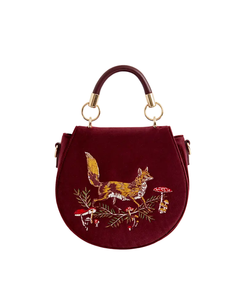 Fox & Mushroom Embroidered Saddle Bag - Redcurrant Velvet 1