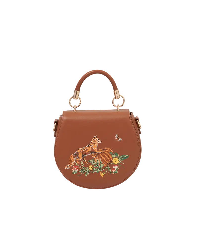 Fox & Pumpkin Embroidered Tan Saddle Bag 1