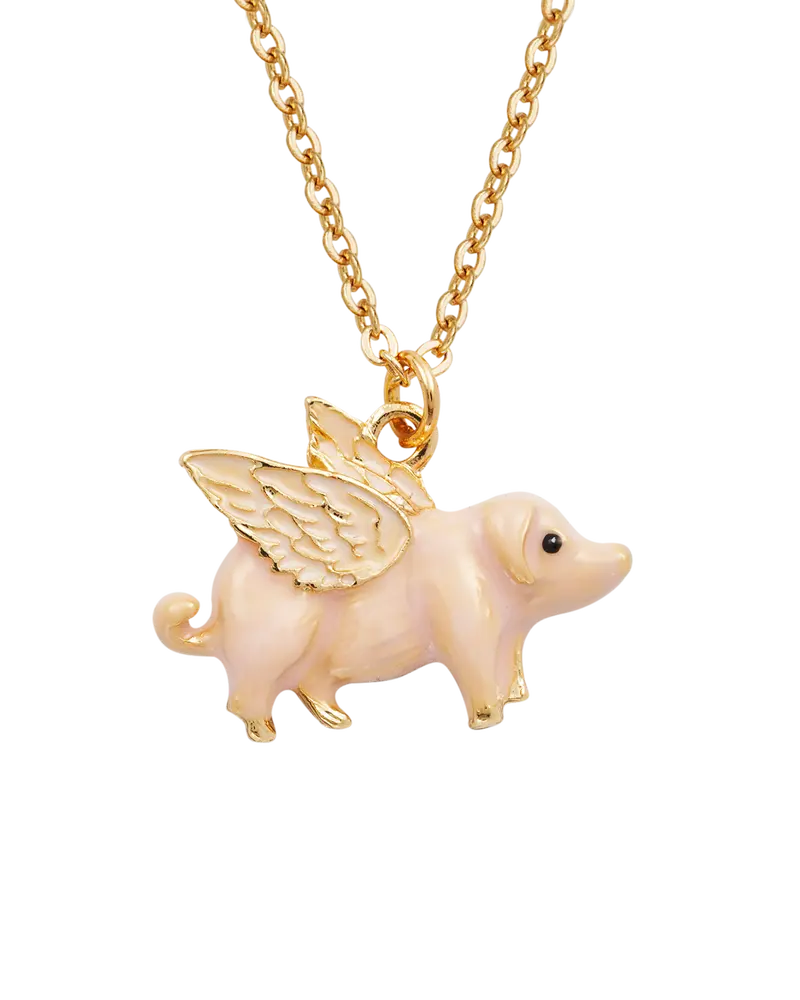 Gold Flying Pig Enamel Necklace 1