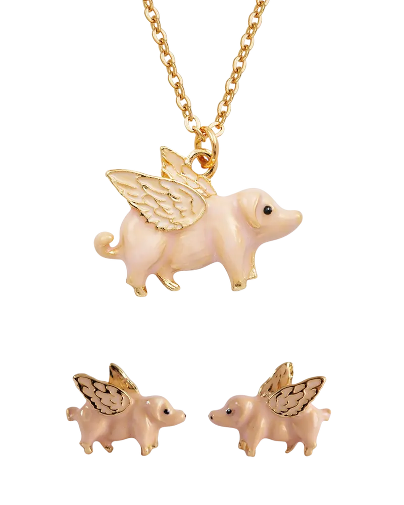 Gold Flying Pig Necklace & Stud Earrings Set 1