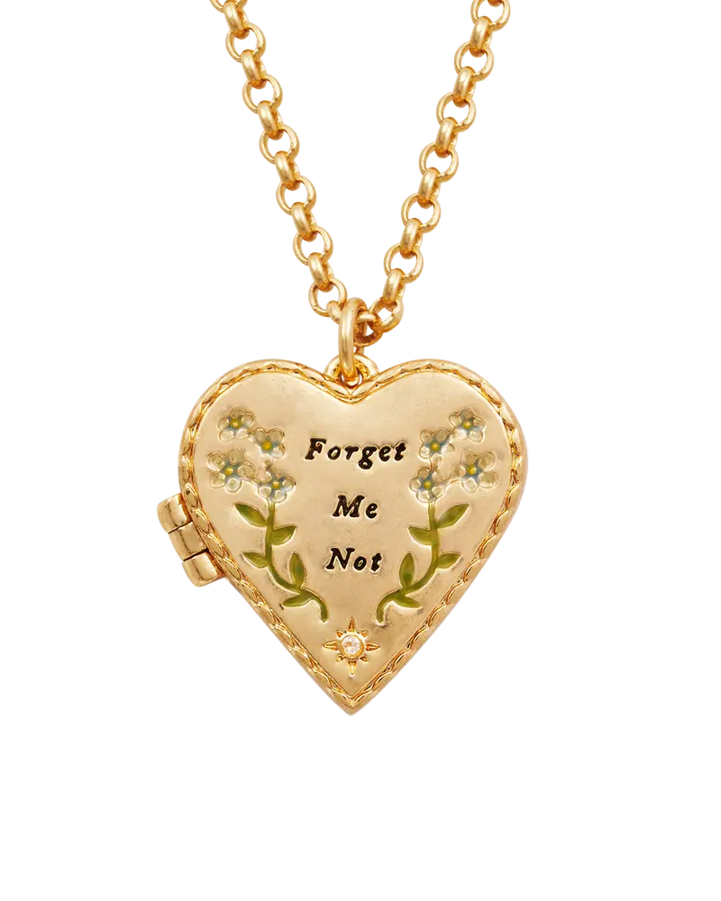 Gold Forget Me Not Heart Locket Necklace 1