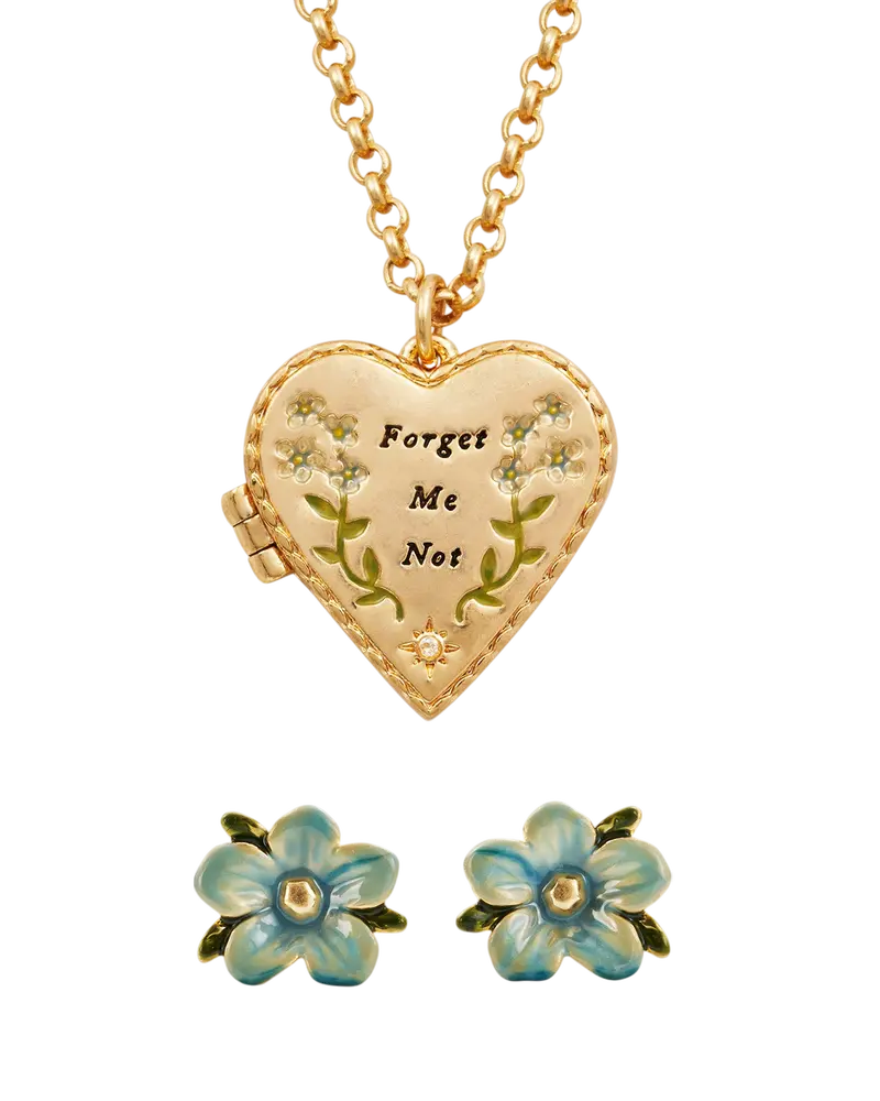 Gold Forget Me Not Heart Locket & Stud Earrings Set 1