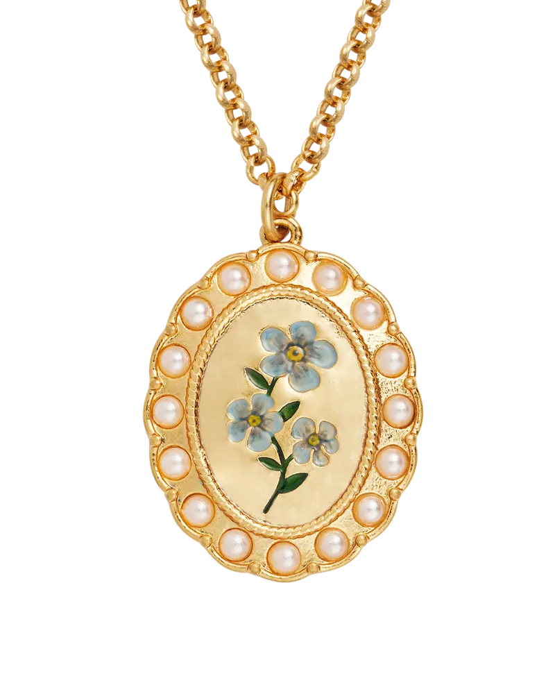 Gold Forget Me Not Pearl Cameo Necklace 1