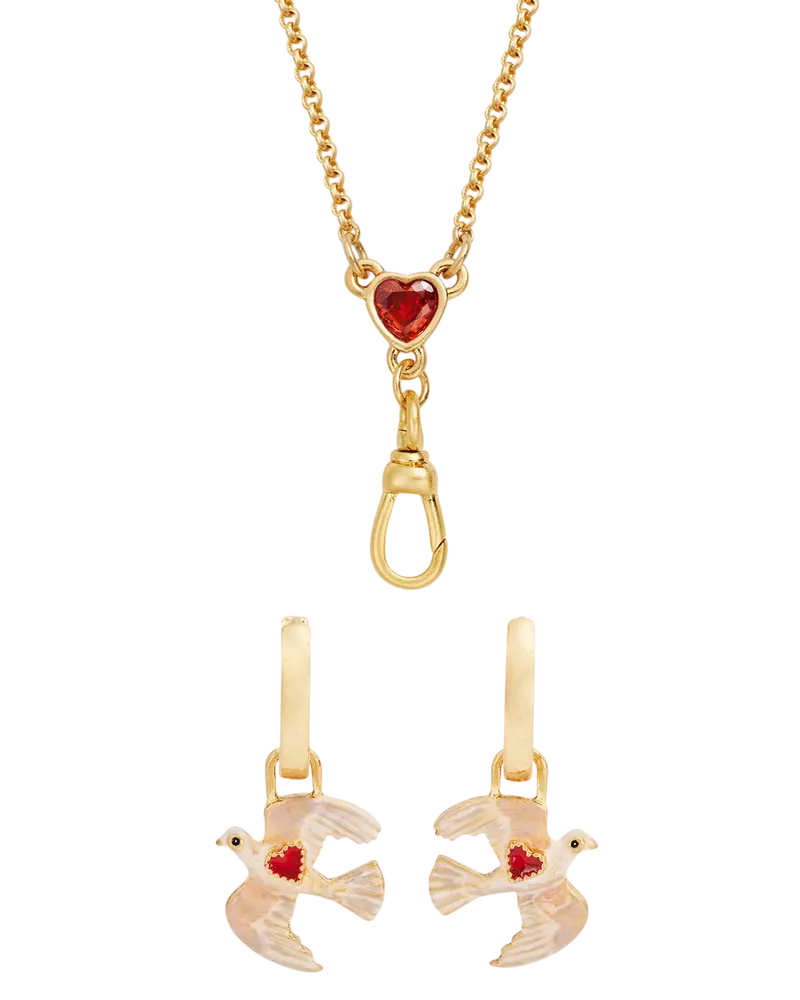 Gold Love Heart Clasp Chain Necklace & Dove Heart Huggie Earrings Set 1