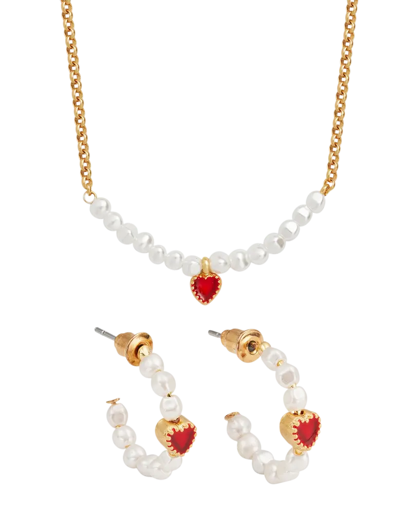 Gold Love Heart Pearl Necklace & Heart Pearl Hoop Earrings Set 1