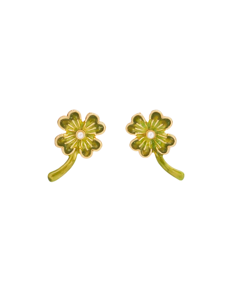 Gold Lucky Clover & Pearl Stud Earrings 1