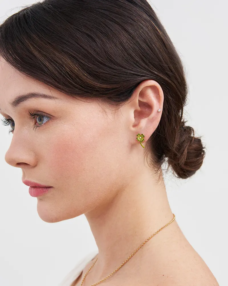 Gold Lucky Clover & Pearl Stud Earrings 2