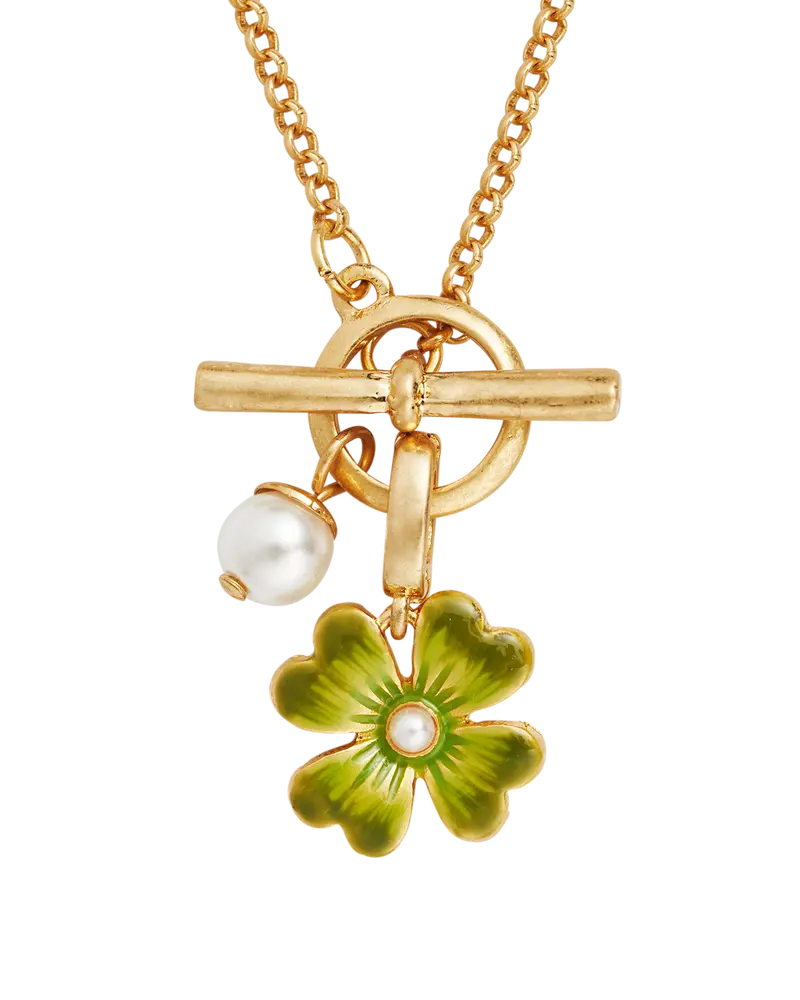 Gold Lucky Clover & Pearl Toggle Necklace 1