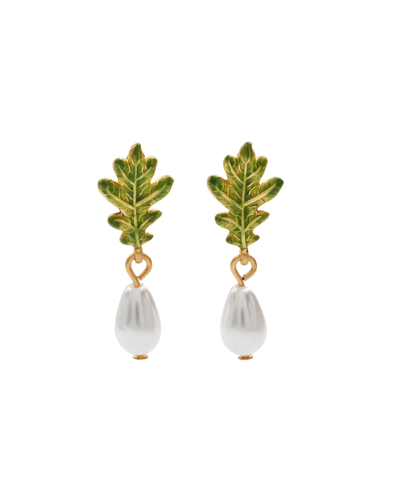 Gold Oak Leaf Pearl Drop Earrings 1