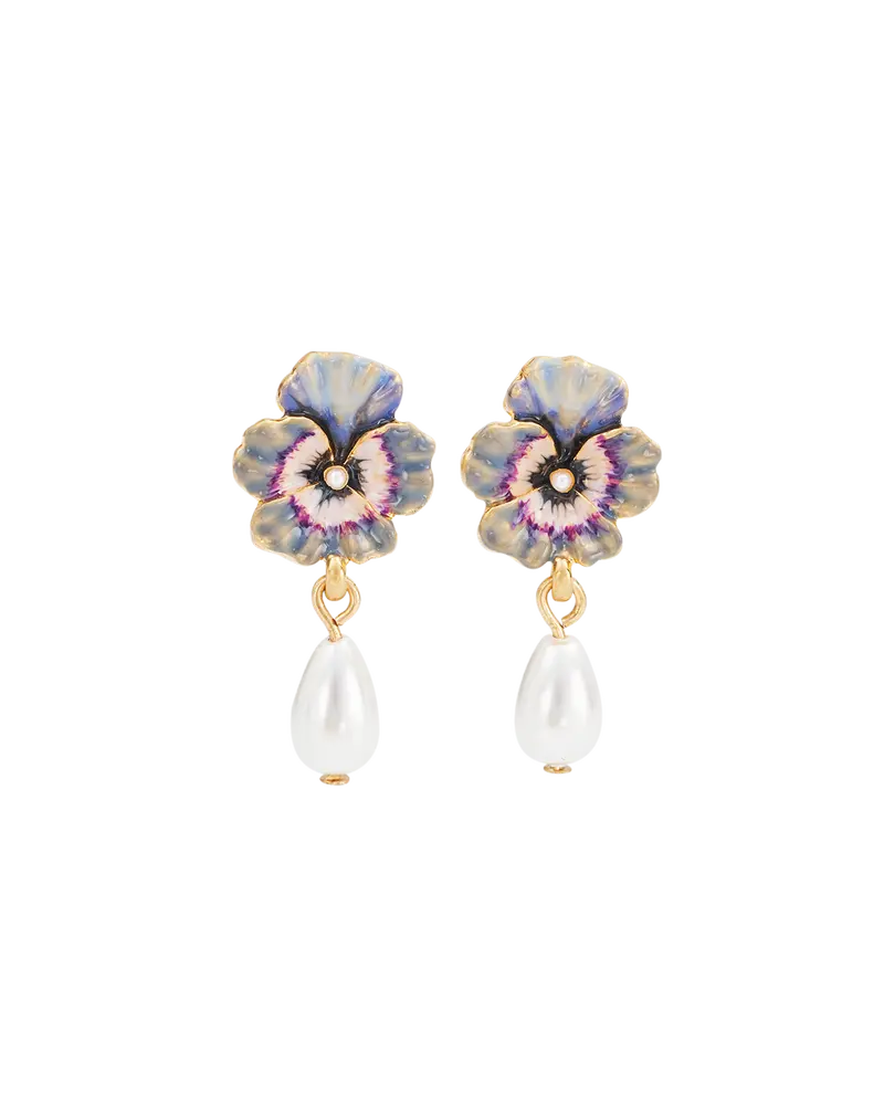 Gold Pansy & Pearl Drop Stud Earrings 1