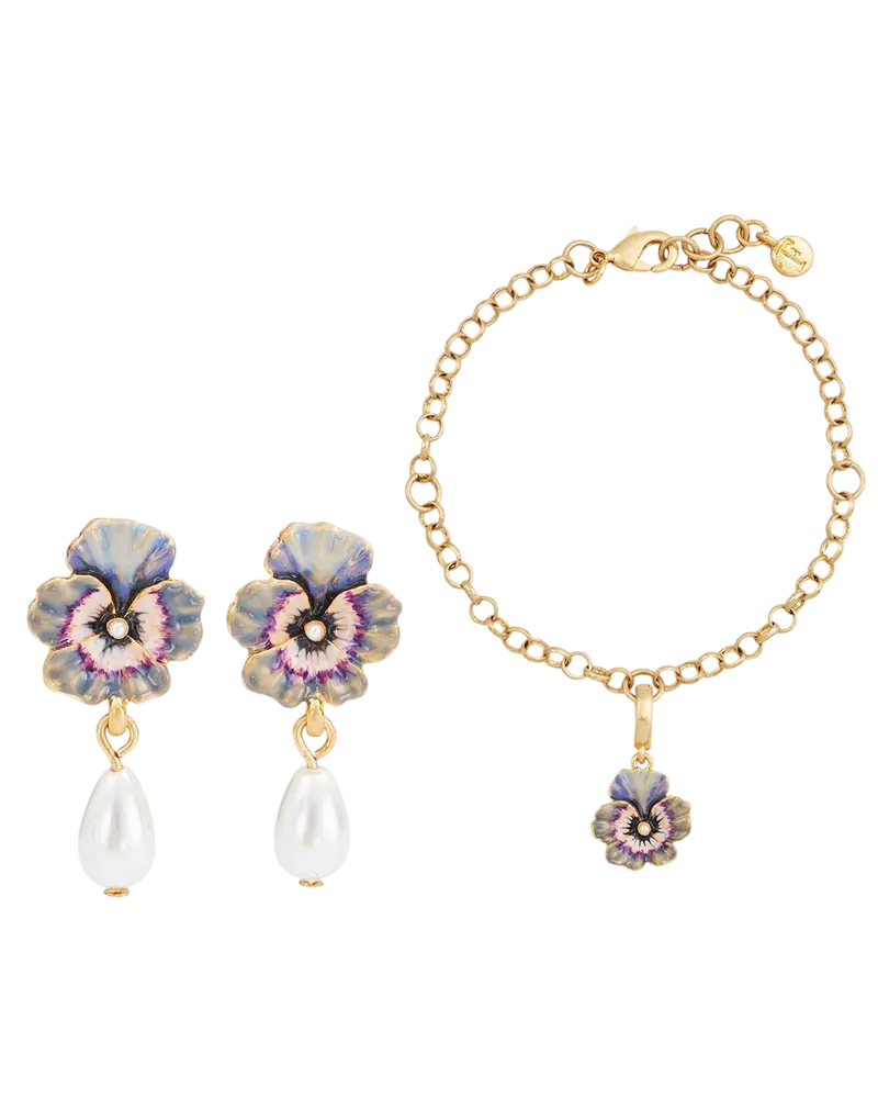 Gold Pansy Pearl Earrings & Pansy & Pearl Collector Charm Bracelet Set 1